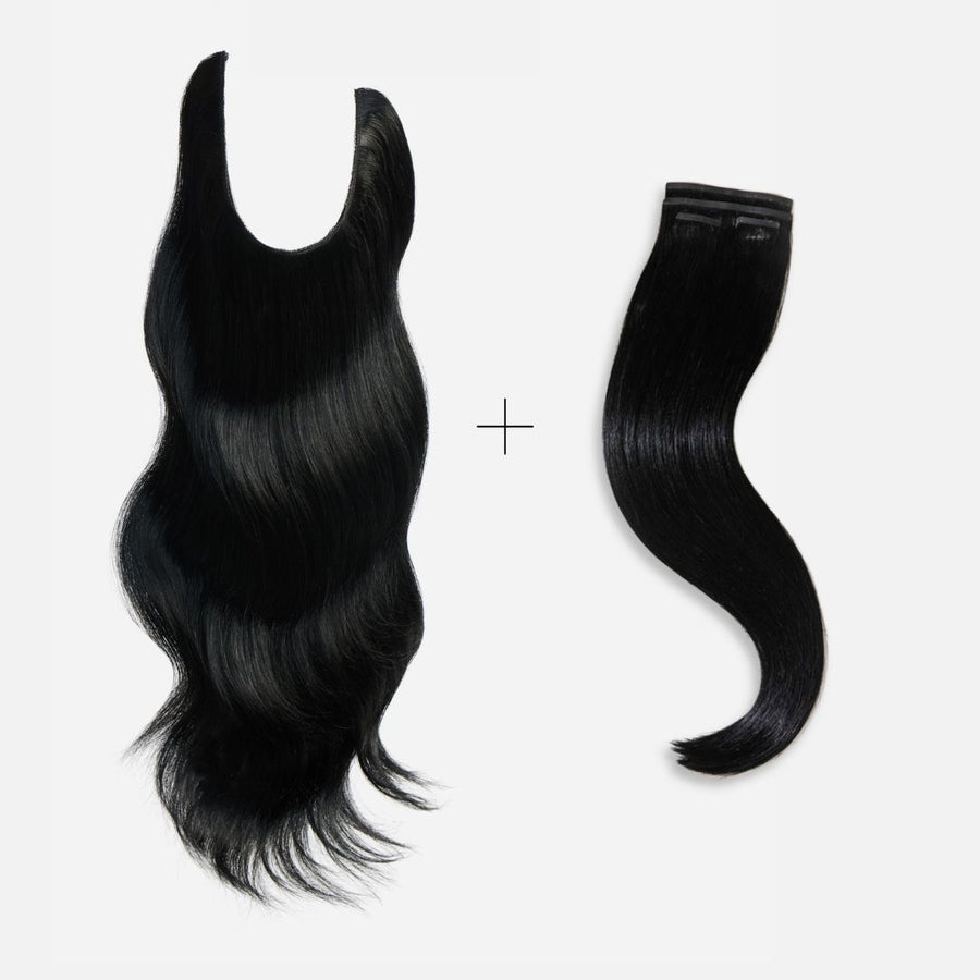 A set of jet-black clip-in hair extensions, designed to effortlessly add length and volume to various hairstyles.