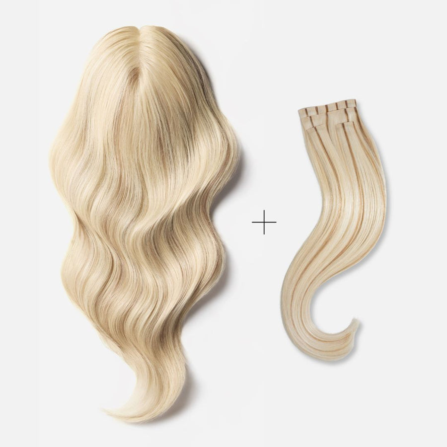 A platinum blonde wig alongside clip-in extensions, showcasing a luxurious and stylish hair transformation.