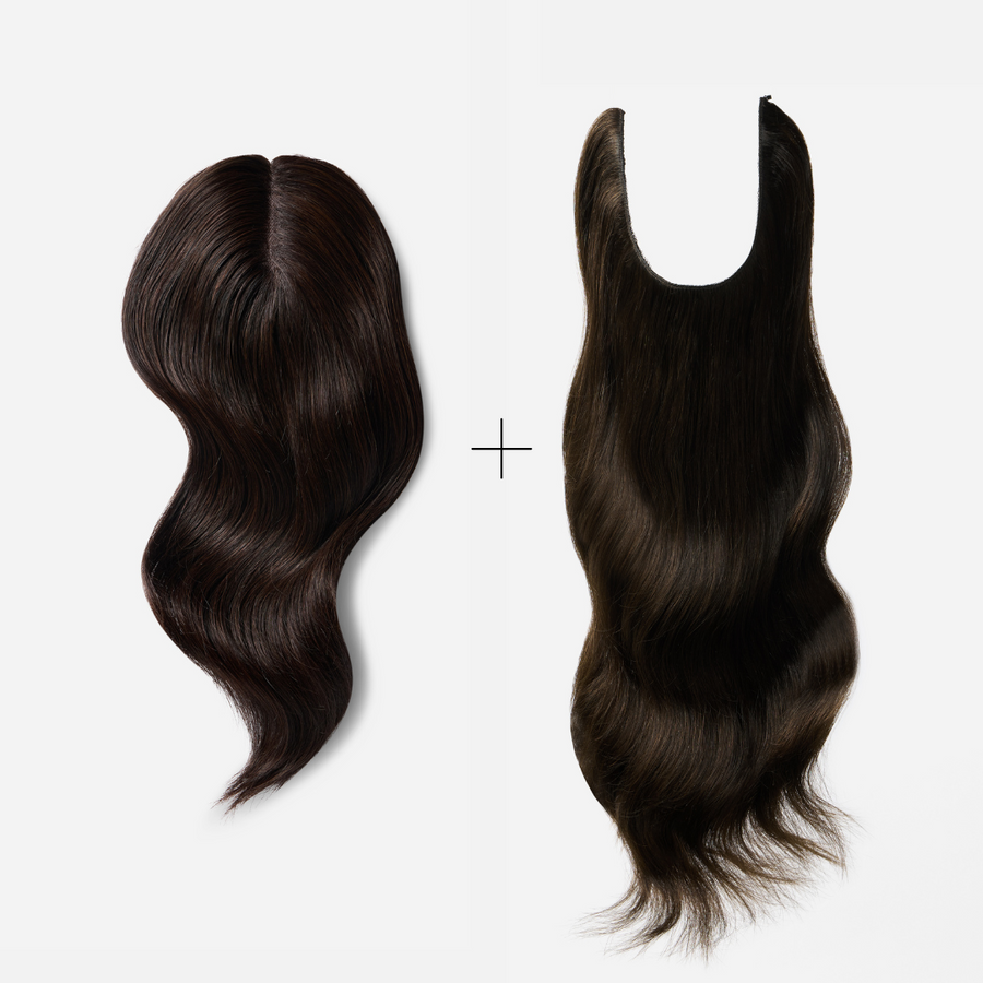 A woman's dark brown hair is showcasing volume next to a clip-in hair extension from the Mini Coverage & Volume Bundle.