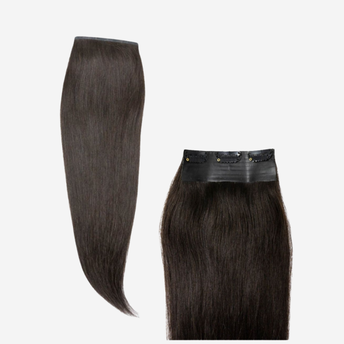 A set of black clip-in hair extensions, highlighting their rich color and easy application for enhanced hairstyles.