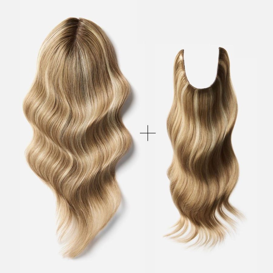 A crown Topper hair extensions presented in two different colors, highlighting the variety available for enhancing hairstyles.